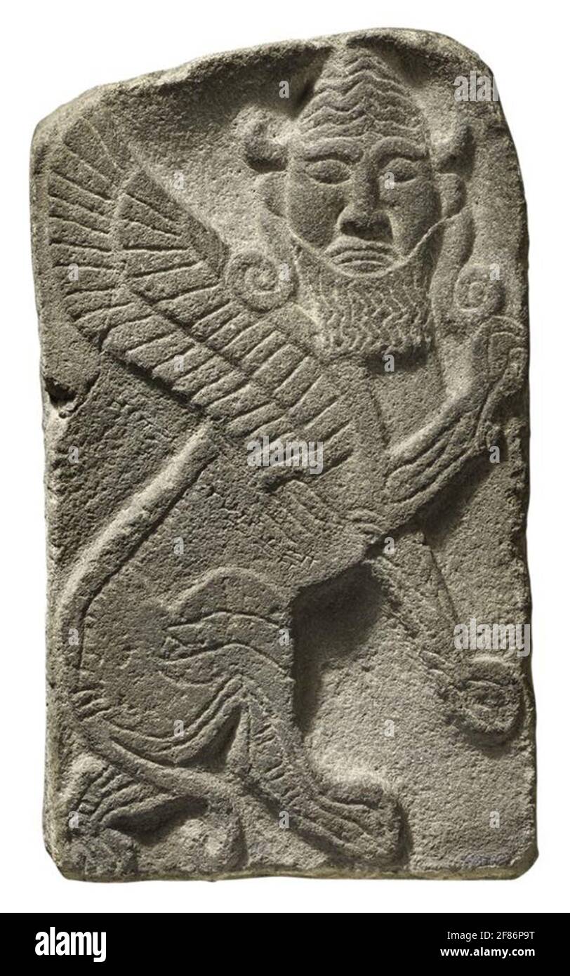 6809. Funerary stele of Si Gabor, priest of the Moon God, Neo Hittite relief dating c. 7th. C. BC. Neirab, Syria. Stock Photo