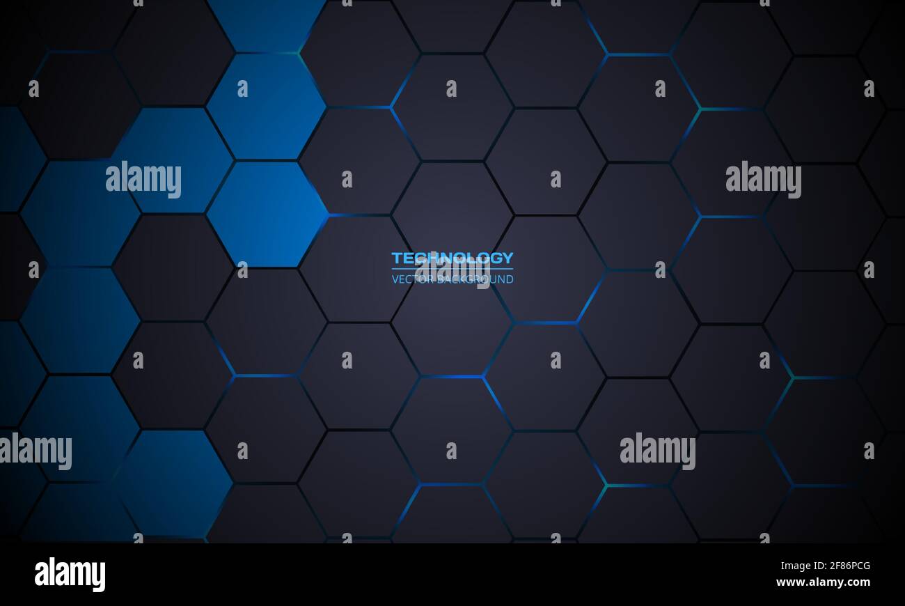 Dark gray hexagonal technology abstract vector background. Blue bright ...