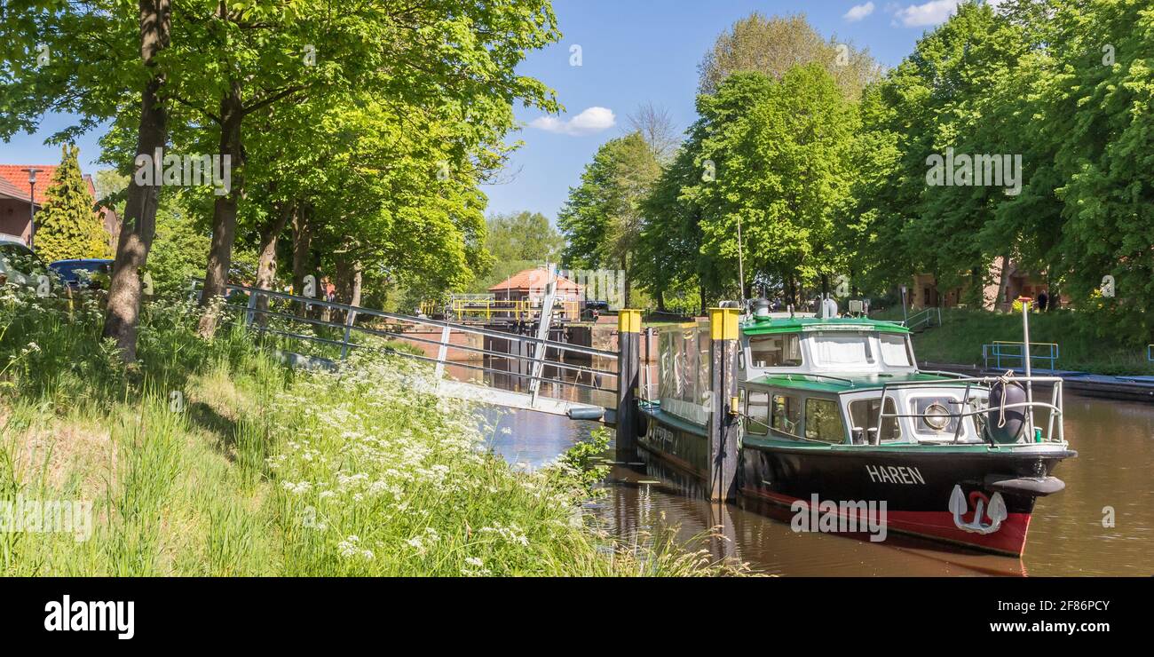 Panorama of boats in the canal of Haren, Germany Stock Photo - Alamy