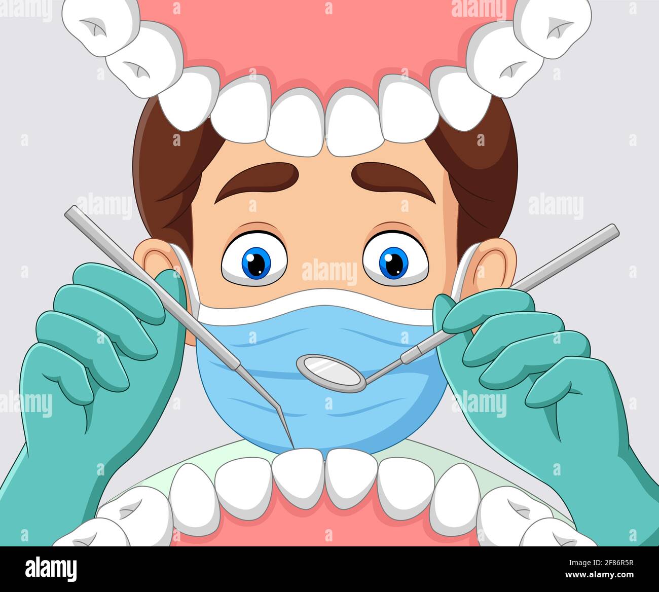 Cartoon dentist check tooth into open mouth of patient Stock Vector Image &  Art - Alamy