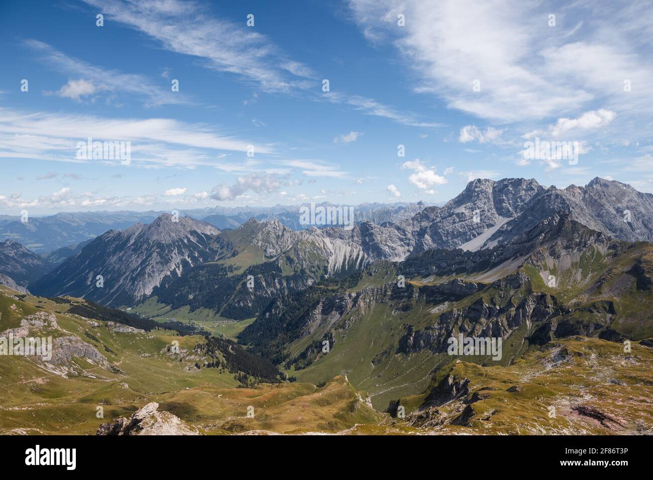 View from the mountain Naafkopf near the small ski village Malbun in Liechtenstein at the border to Switzerland and Austria (Malbun, Liechtenstein) Stock Photo