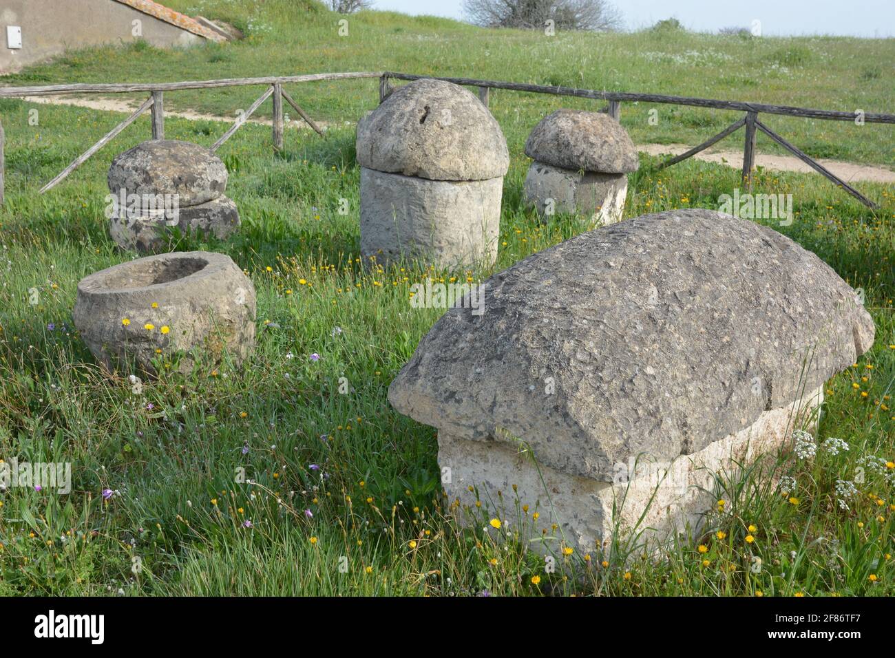 Italy, Tarquinia, the Etruscan necropolis of Monterzzi is classified world heritage of Unesco, the Etruscan funarary urns date from villanovian period Stock Photo