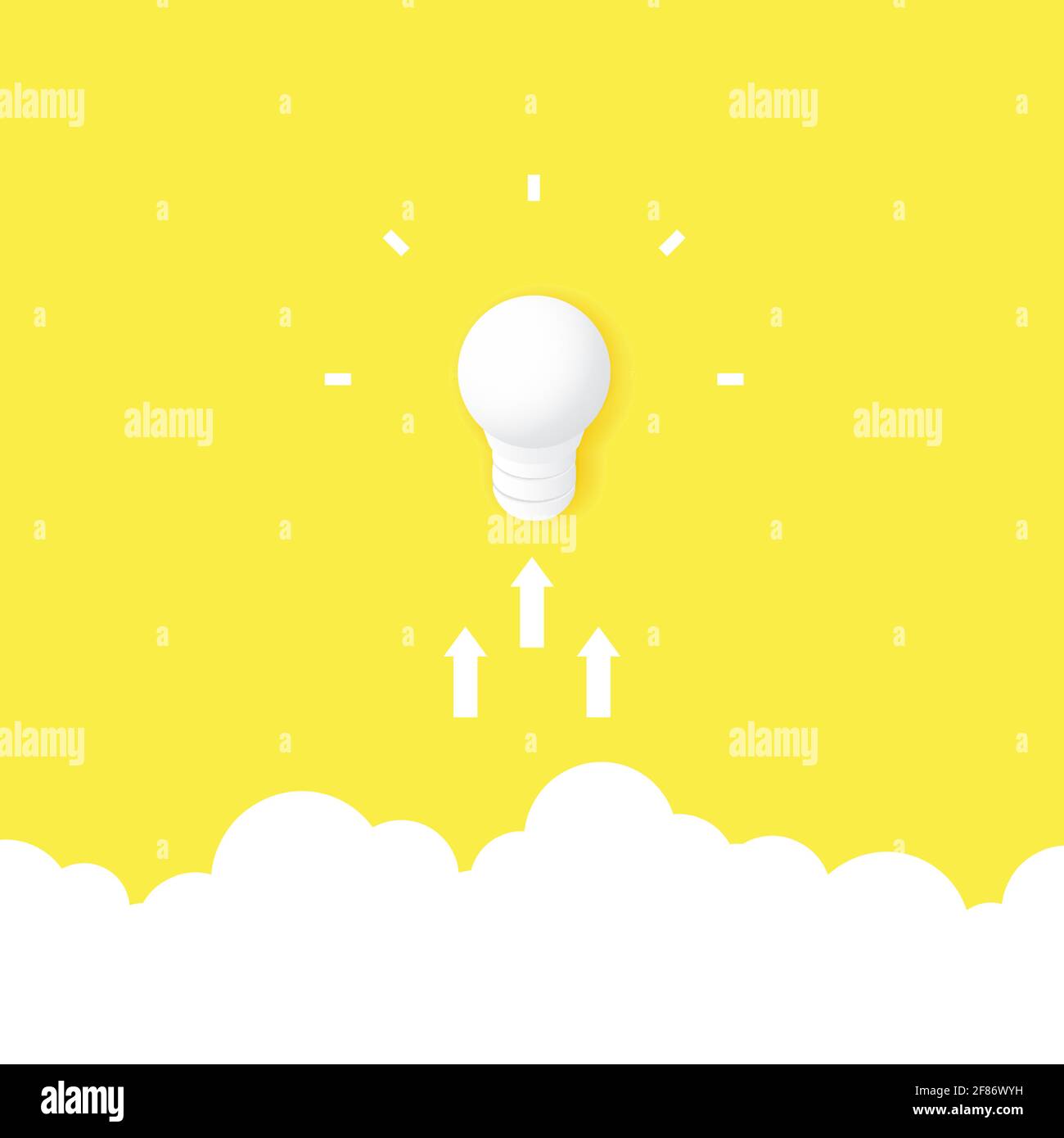 The concept of a big idea and creativity. White light bulb flying above ...