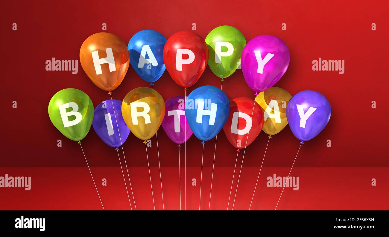 Colorful happy birthday air balloons on a red background scene ...