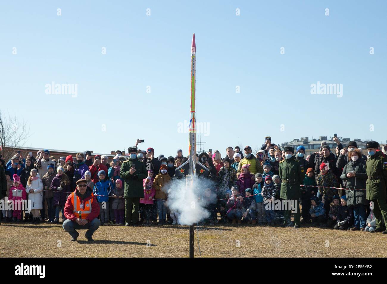 St. Petersburg, Russia. 11th Apr, 2021. Rocket enthusiasts witness the launching of a rocket model in commemoration of the 60th anniversary of the first human space flight in St. Petersburg, Russia, April 11, 2021. Credit: Irina Motina/Xinhua/Alamy Live News Stock Photo