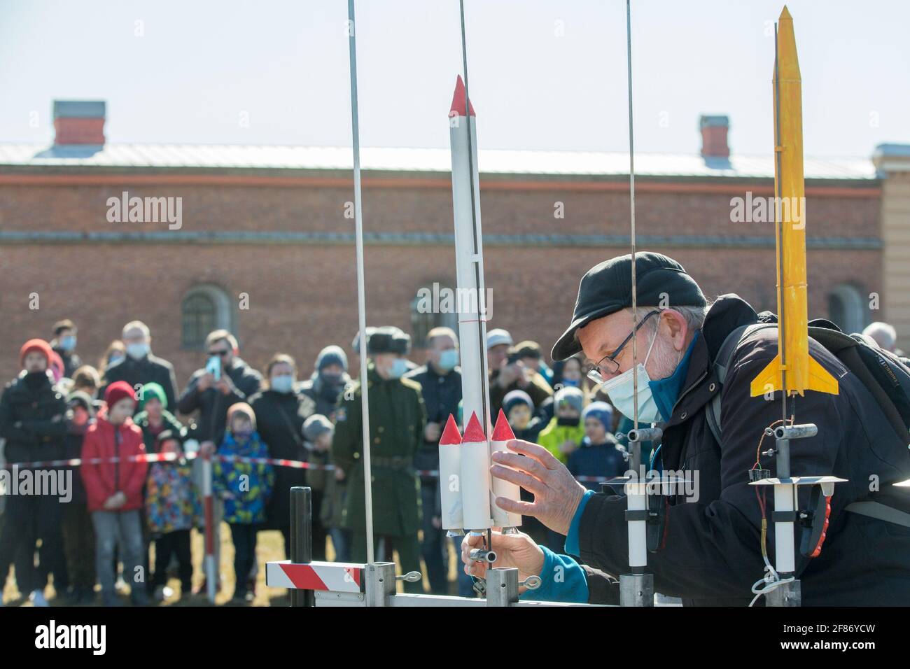 St. Petersburg, Russia. 11th Apr, 2021. A rocket enthusiast launches his self-made rocket models in commemoration of the 60th anniversary of the first human space flight in St. Petersburg, Russia, April 11, 2021. Credit: Irina Motina/Xinhua/Alamy Live News Stock Photo