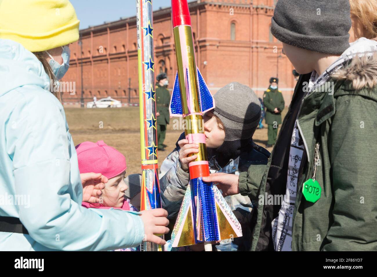 St. Petersburg, Russia. 11th Apr, 2021. A rocket enthusiast kisses a rocket model in commemoration of the 60th anniversary of the first human space flight in St. Petersburg, Russia, April 11, 2021. Credit: Irina Motina/Xinhua/Alamy Live News Stock Photo