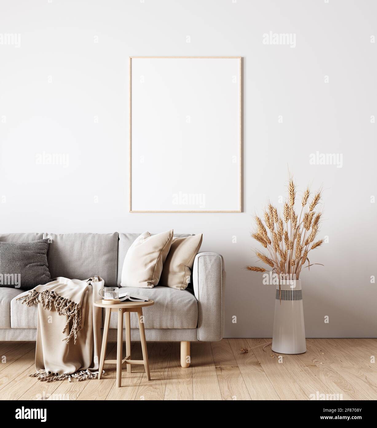 Modern interior design of living room in natural colors with dry plants decoration and empty white mock up picture frame 3D Rendering Stock Photo