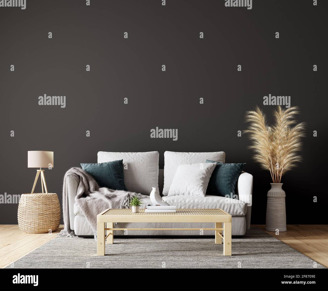 Modern interior design of living room in natural colors with dry plants decoration and empty black mock up wall background 3D Rendering Stock Photo
