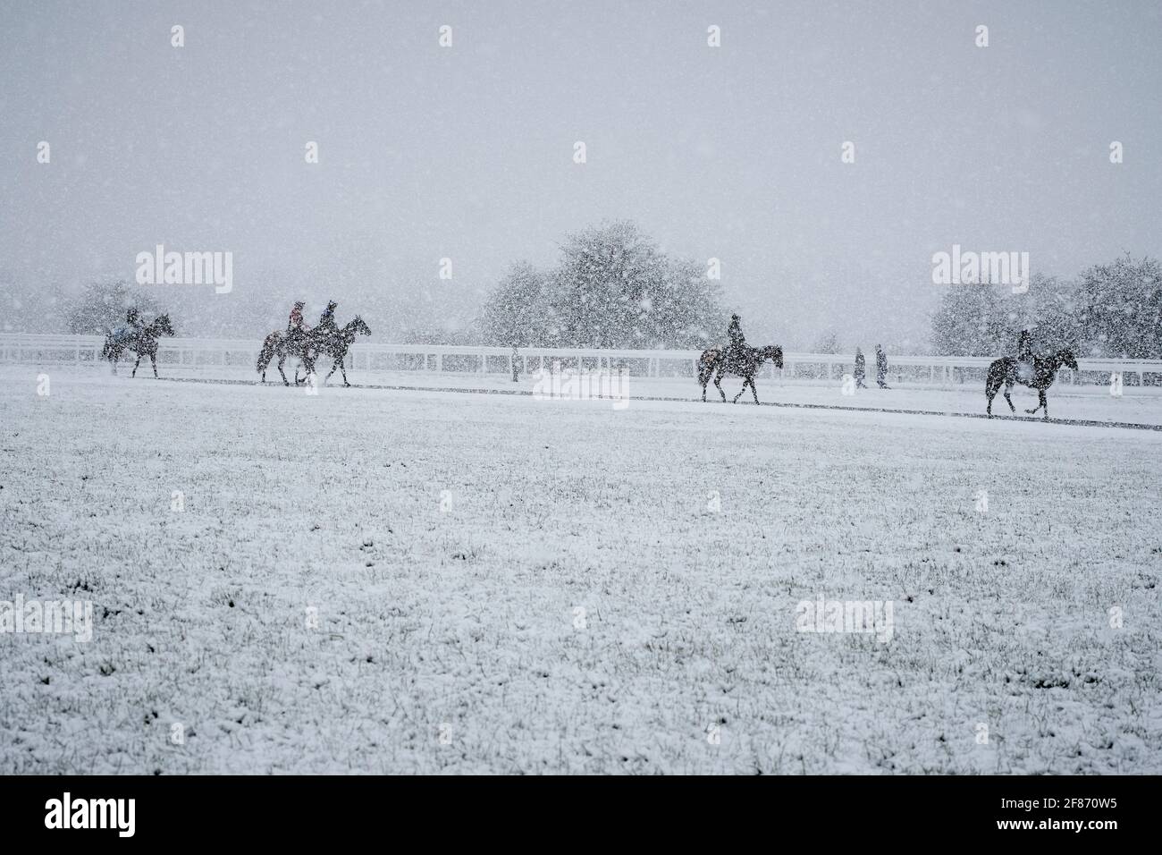 Epsom Downs, UK. 12th Apr, 2021. Racehorses exercising in the snow which fell over the Surrey Hills this morning. Credit: Edward Webb/Alamy Live News Stock Photo