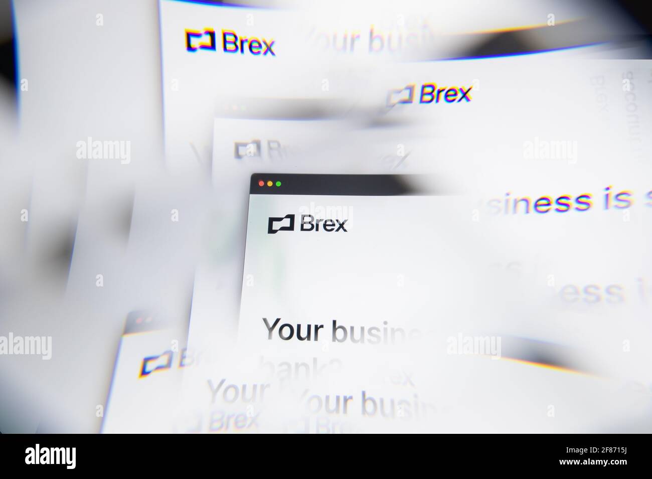 Milan, Italy - APRIL 10, 2021: Brex logo on laptop screen seen through an optical prism. Illustrative editorial image from Brex website. Stock Photo