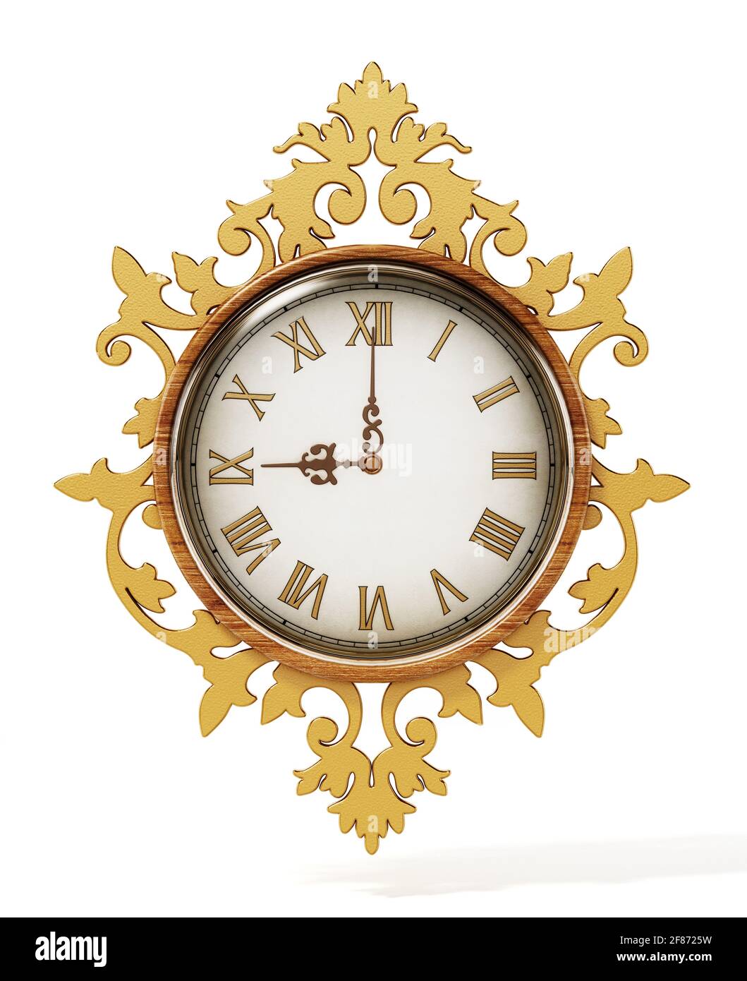 Classic ornamental wall clock isolated on white background. 3D