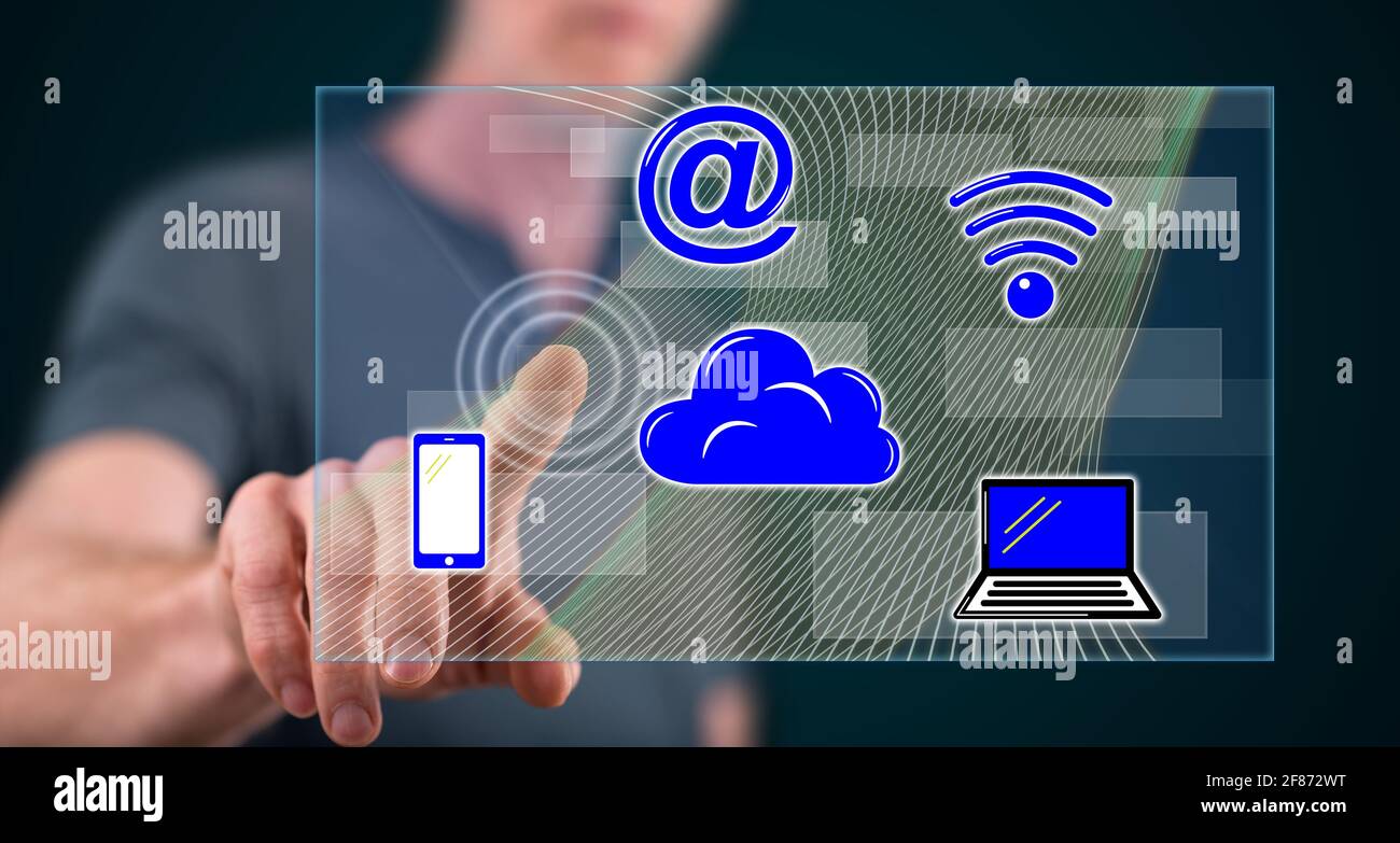 Touch In Computing Man touching a cloud computing concept on a touch screen with his ...