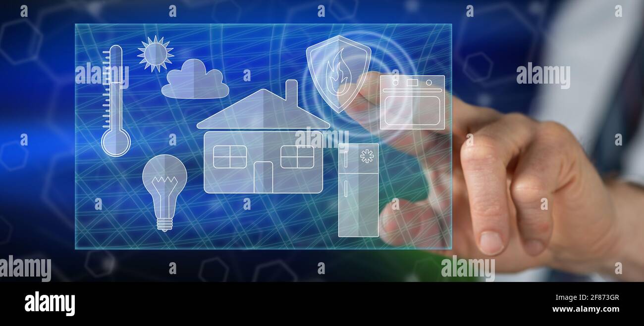Man touching a smart home concept on a touch screen with his finger ...