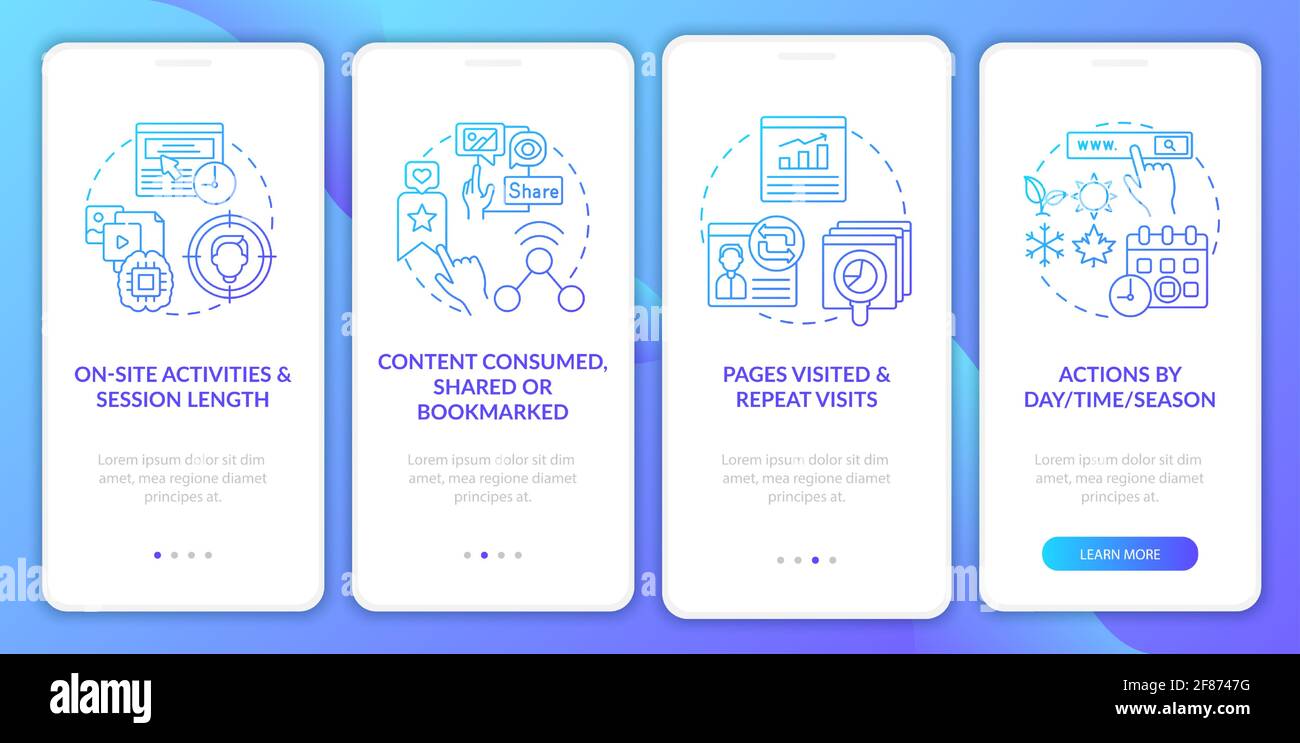 User behaviour analytics navy onboarding mobile app page screen with concepts Stock Vector
