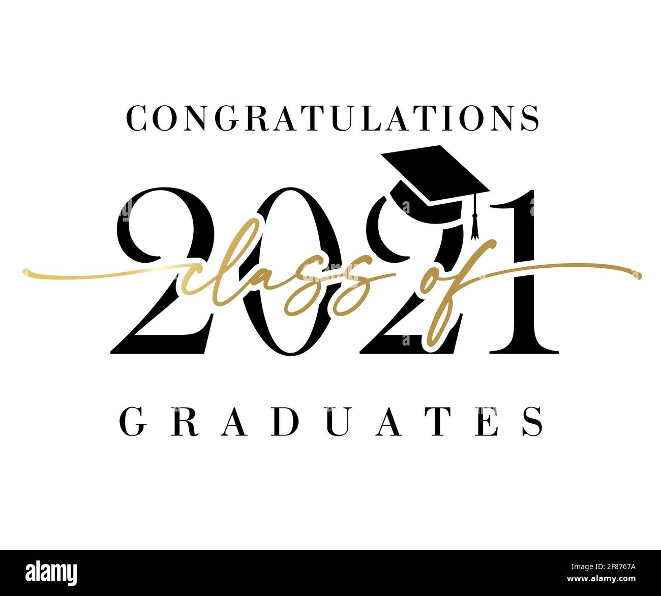 Class of 2021 Congratulations graduates golden calligraphy banner. Vector illustration congratulation graduation 2021 year in academic cap on white Stock Vector