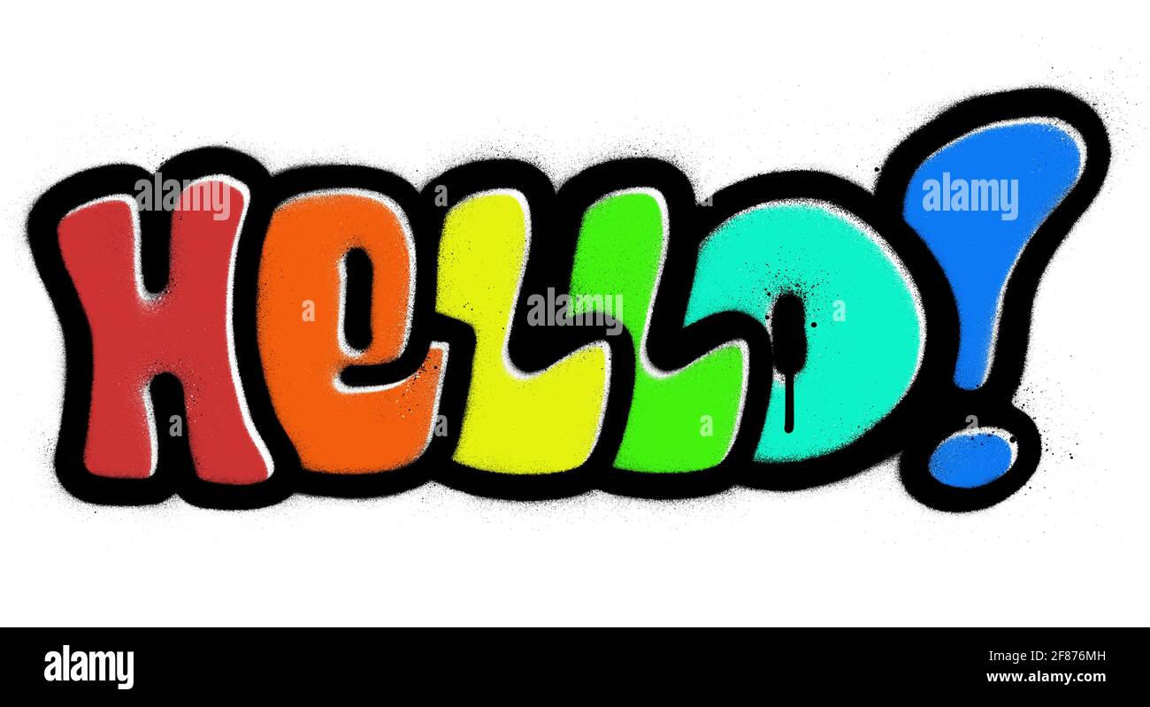 graffiti hello bubble word sprayed in rainbow color over white Stock