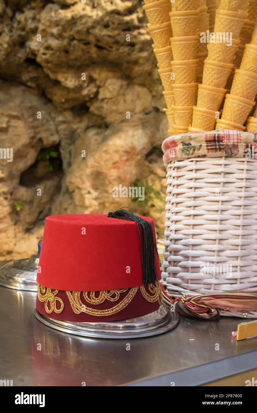 Traditional turkish dondurma icecream stand closeup in Turkey Stock