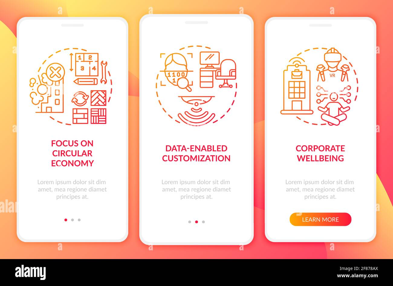Future workplace design onboarding mobile app page screen with concepts ...