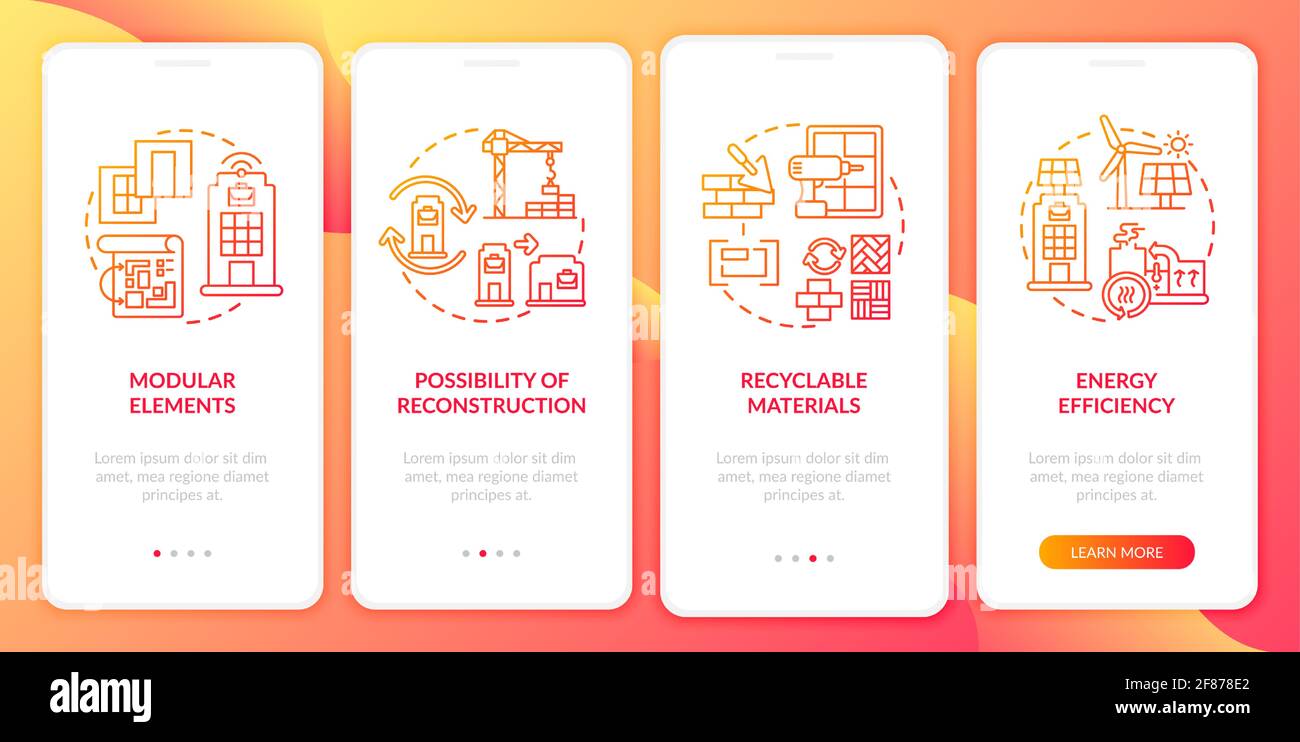 Future workplace building onboarding mobile app page screen with concepts Stock Vector