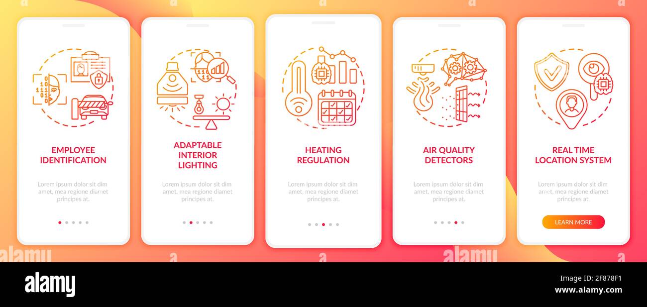 Future smart workplace onboarding mobile app page screen with concepts Stock Vector