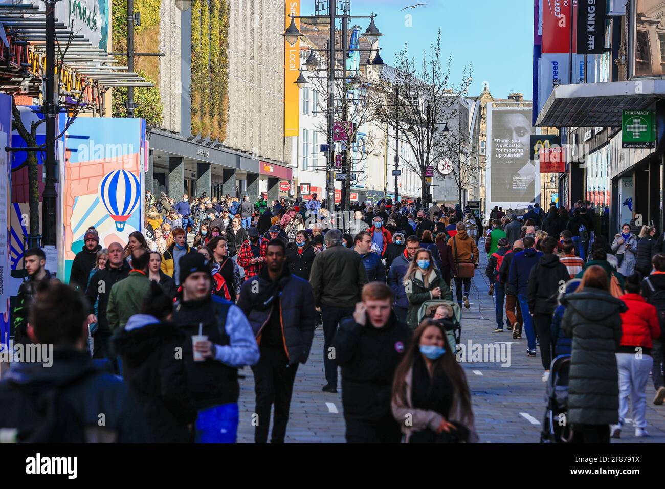 Newcastle Upon Tyne, UK. 12th Apr, 2021. Northumberland Street, Newcastle upon Tyne, is busy with shoppers after national lockdown restrictions are eased and retail premises are allowed to reopen in Newcastle upon Tyne, England on 4/12/2021. (Photo by Iam Burn/News Images/Sipa USA) Credit: Sipa USA/Alamy Live News Stock Photo