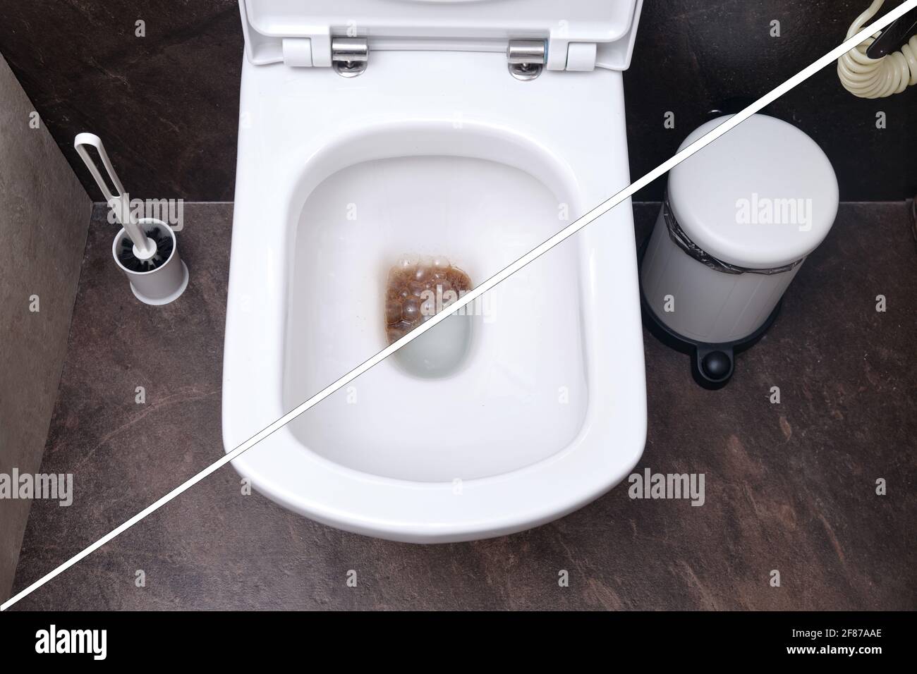 Unclogging toilet dirt. Before and after fixing the blockage problem