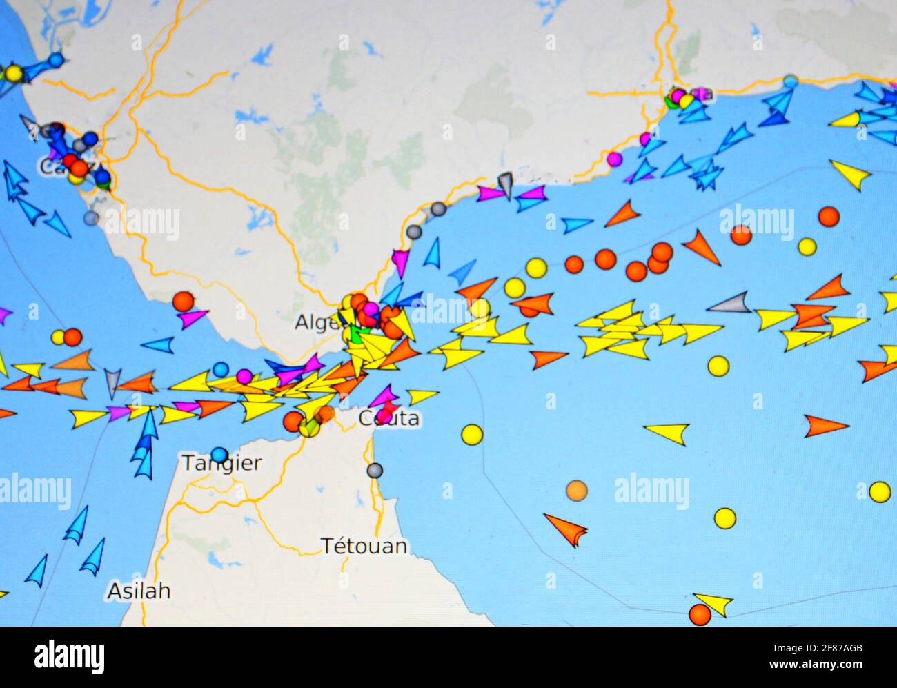 map on internet site of maritime traffic in Gibratar straig Stock Photo