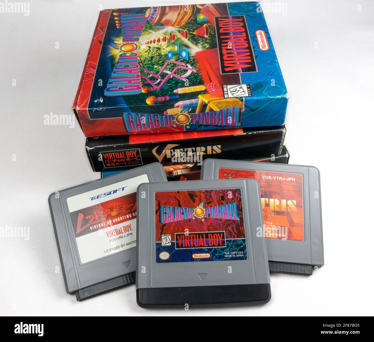 Several game cartridges for the Nintendo Virtual Boy table-top video game console, first launched in Japan in 1995, (it did not launch in Europe). Stock Photo