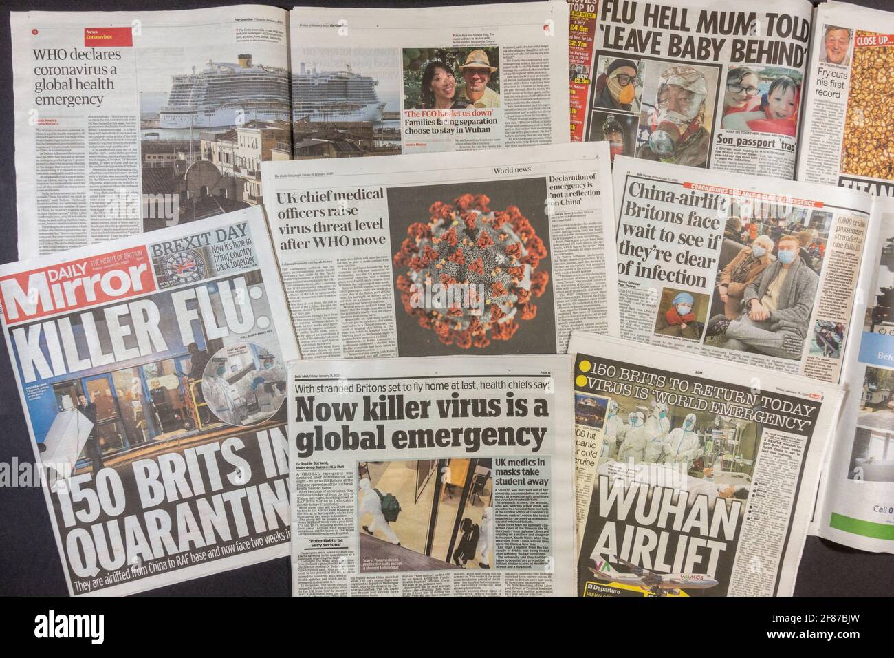 Collage of UK newspaper articles about COVID-19/coronavirus before the reality really hit the UK (papers from 31st January 2020). Stock Photo
