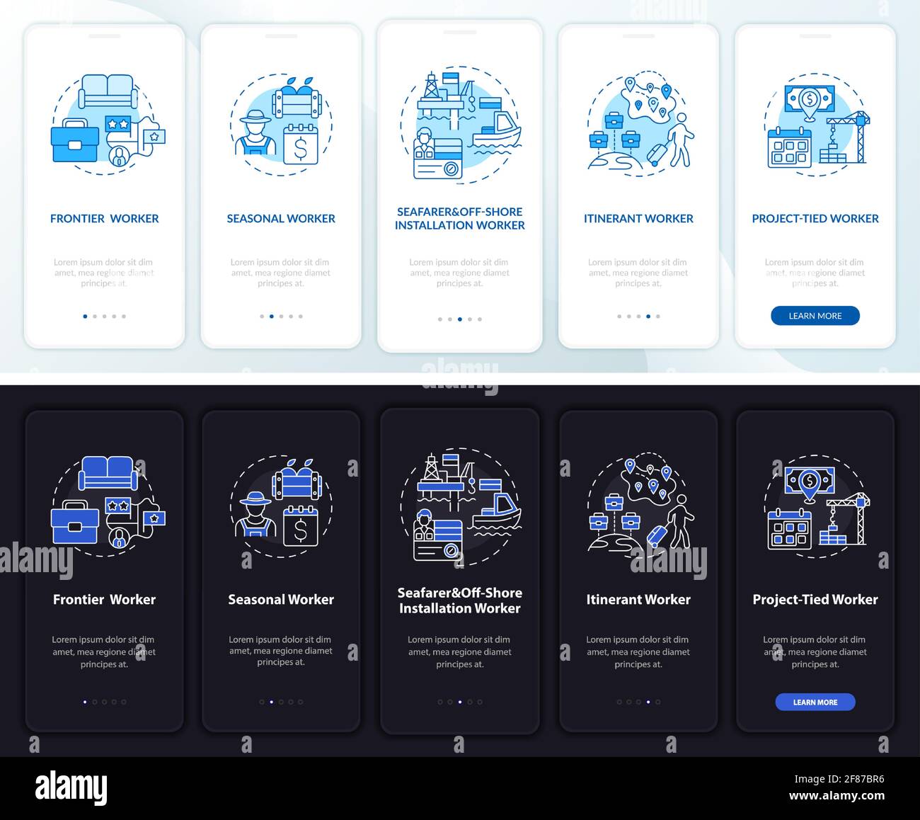 Immigrant workers types onboarding mobile app page screen with concepts Stock Vector