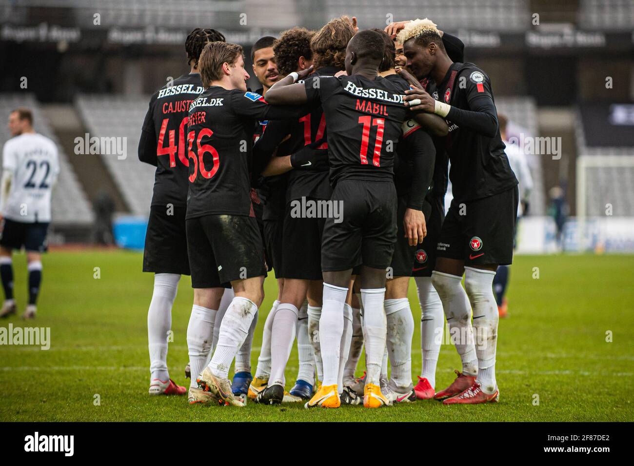 Aarhus Denmark 11th Apr 2021 Alexander Scholz 14 Of Fc Midtjylland Scores For 0 2 From The Penalty Spot And Celebrates With The Team During The 3f Superliga Match Between Aarhus Gf And