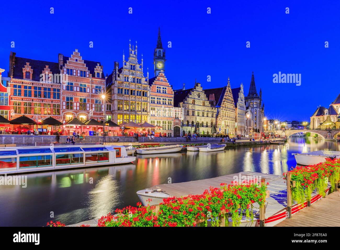Ghent (Gent), Belgium. Graslei quay and Leie river at twilight. Stock Photo
