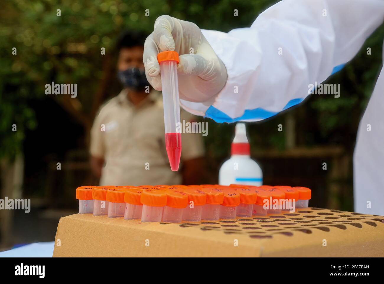 New Delhi, India. 12th Apr, 2021. A healthcare worker wearing a personal protective equipment (PPE) places a mouth swab sample vial into a box after Covid-19 Reverse Transcription Polymerase Chain Reaction (RT-PCR) test at the road side testing centre Wazzirpur industrial area in New Delhi. India registered 168,912 new Covid-19 cases, the highest single-day spike and 904 deaths in the last 24 hours. Credit: SOPA Images Limited/Alamy Live News Stock Photo