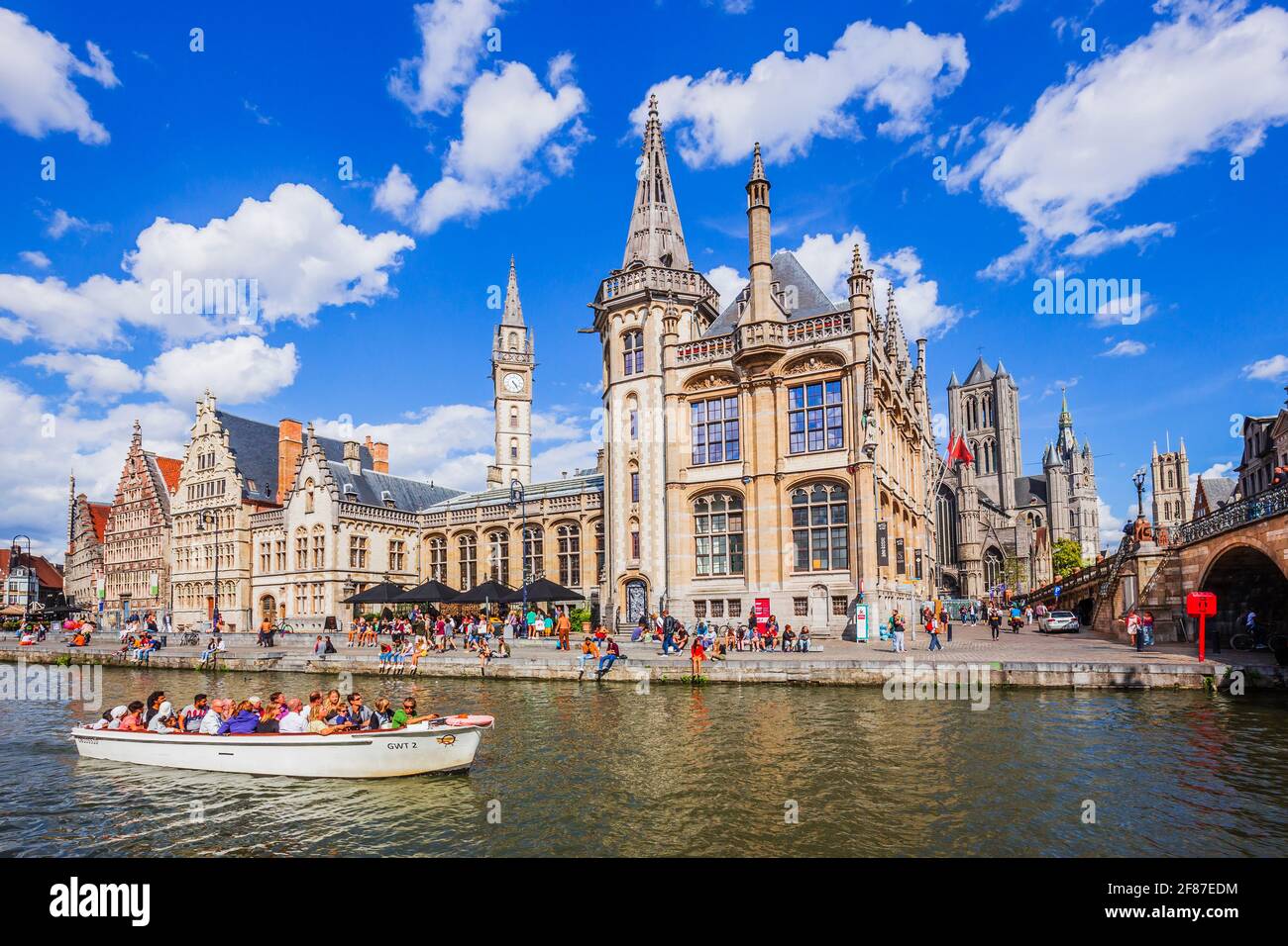 Ghent (Gent), Belgium - August 10, 2018: Graslei quay and Leie river. Stock Photo