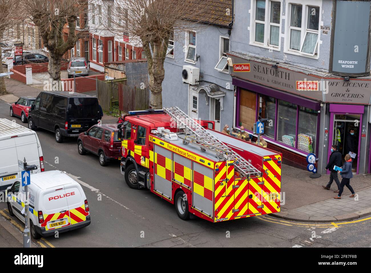 Emergency services in Seaforth Road, Westcliff on Sea, Essex, UK, at junction with Station Road. Essex County Fire & Rescue Service attending property Stock Photo