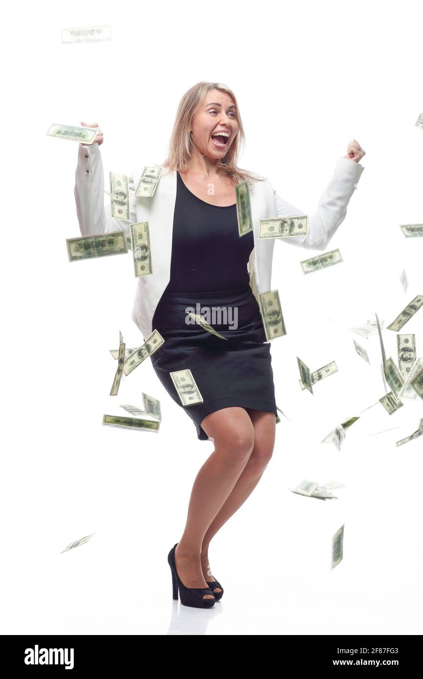 very happy business woman standing in a rain of dollar bills Stock ...