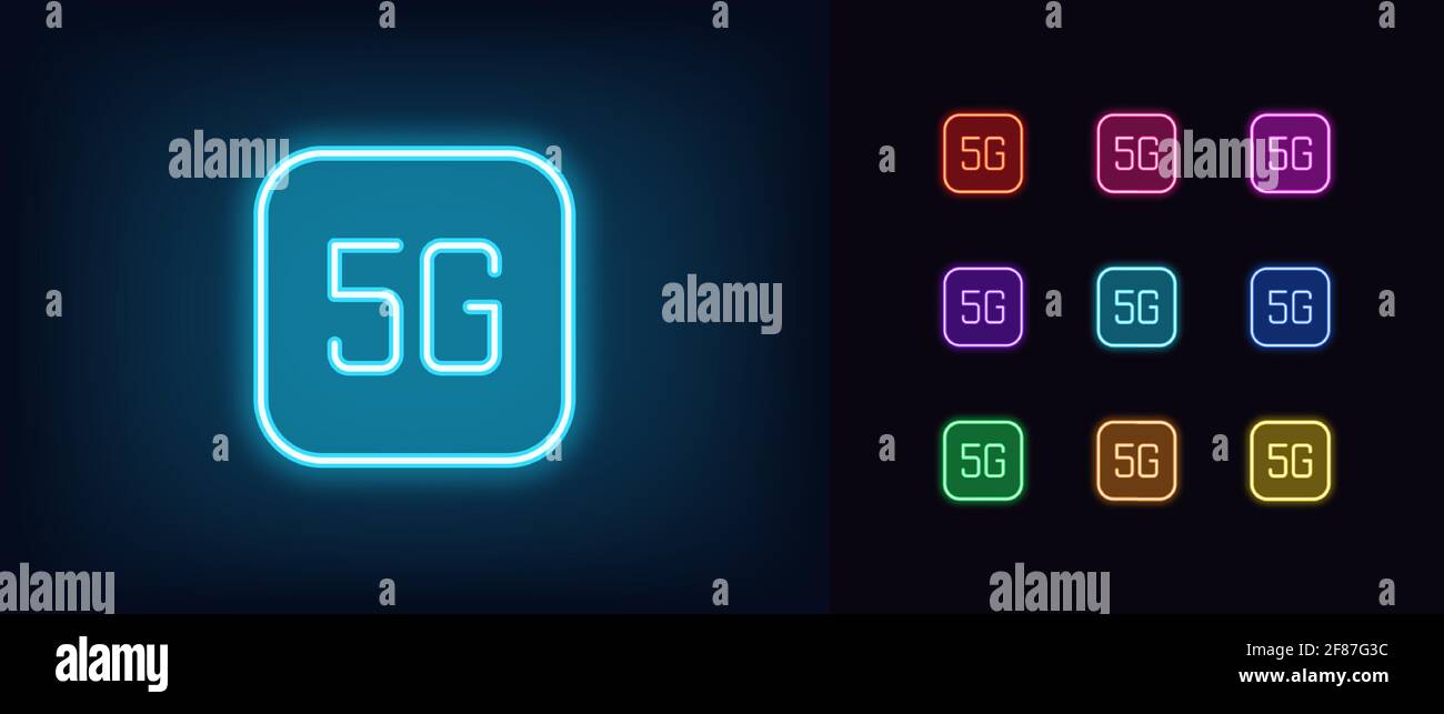 Neon 5G network icon. Glowing neon 5G sign, outline mobile internet pictogram. 5 generation of broadband cellular signal, wireless internet connection Stock Vector