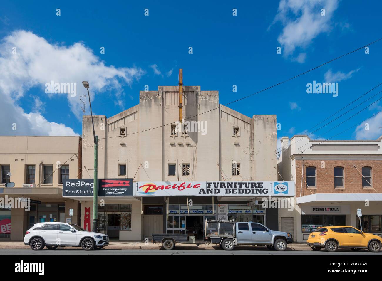 The Kings Theatre in the south coast town of Bega, New South Wales is a 3 storey art deco brick building built in 1936 designed by Kaberry and Chard Stock Photo
