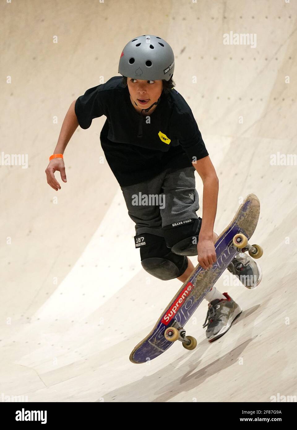 Akin Hendricks in action during the Skateboard GB x Habito National Championships at Graystone Action Sports, Manchester. Picture date: Sunday April 11, 2021. Stock Photo
