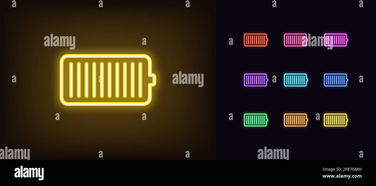 Neon battery icon. Glowing neon accumulator sign, outline electric