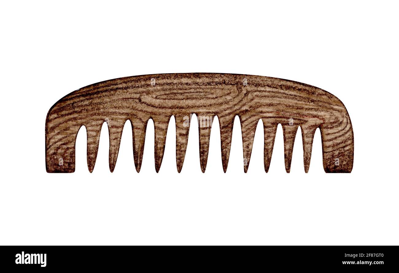 Watercolor hand drawn wooden hairbrush hairdressing haircare accessory illustration isolated on white background. Eco-friendly zero waste barbershop ecological beauty hygiene Stock Photo