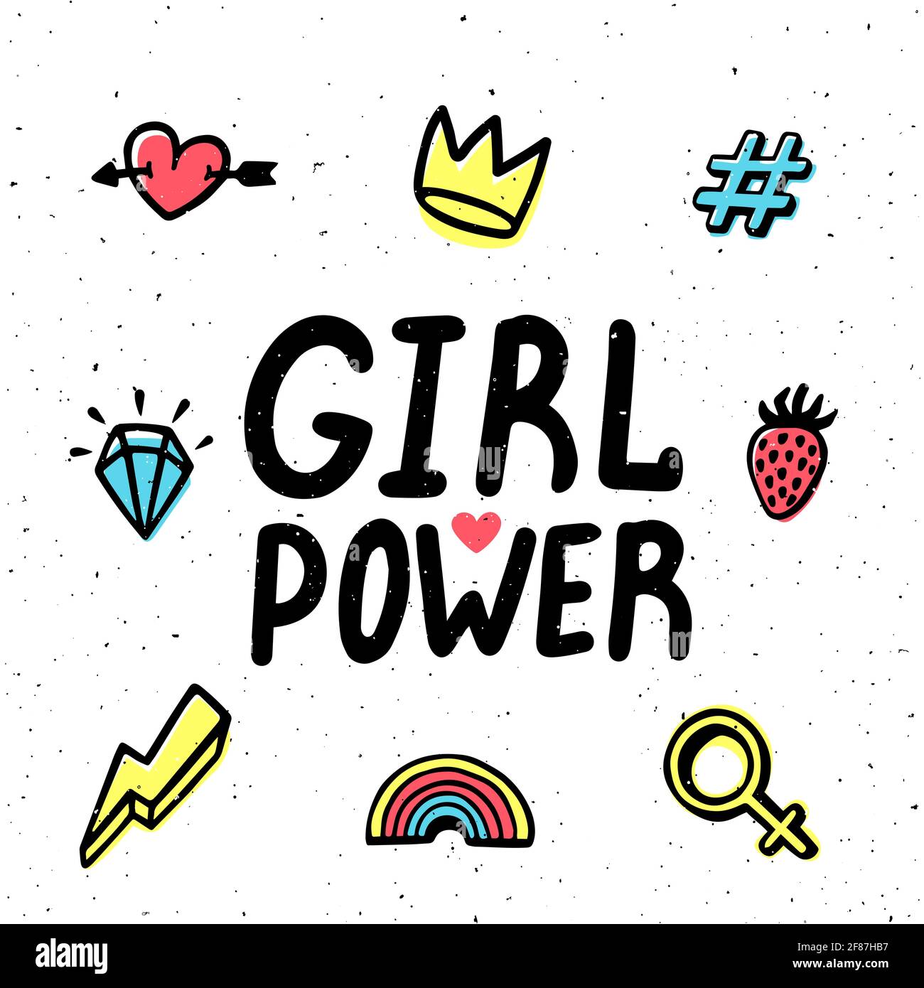 Girl Power Card Girl Power Hand Drawing Inscription And Colorful Icons Vector Illustration 1208