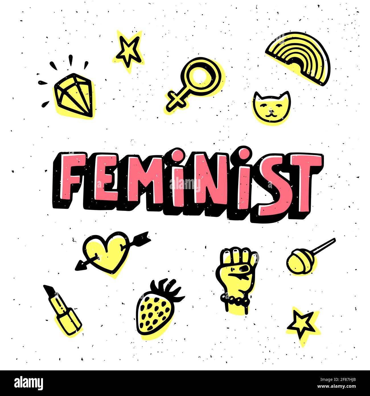 Feminist card. Feminist hand-drawn inscription and bright icons for ...