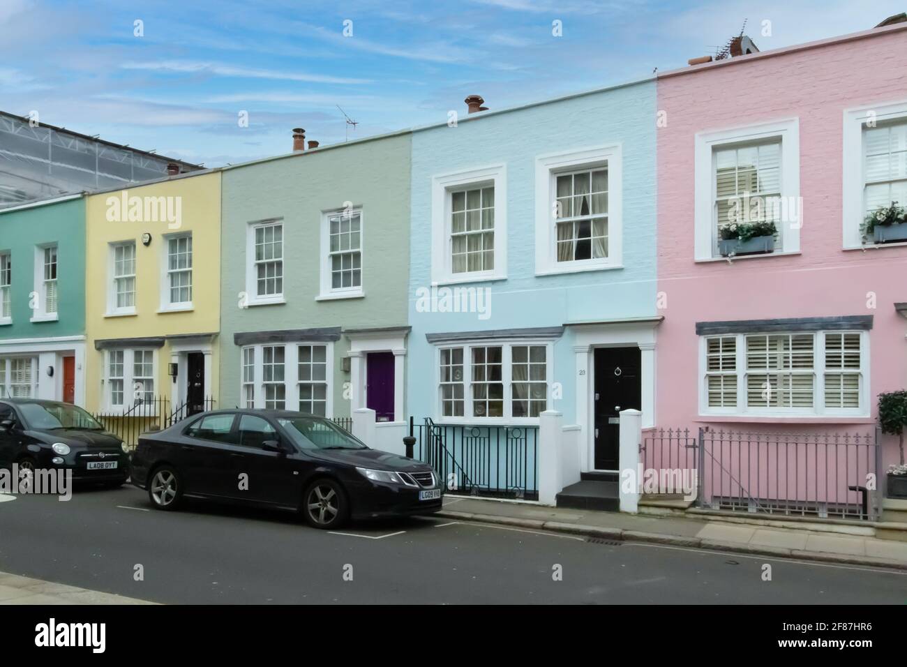 Uxbridge Street, Kensington, London, England, United Kingdom - March 05 2021 Colourful houses (W8) - Editorial Use Only Stock Photo