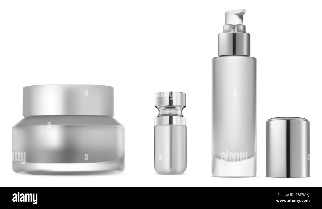 Cosmetic serum bottle set. Collagen essence container mock up.Glitter