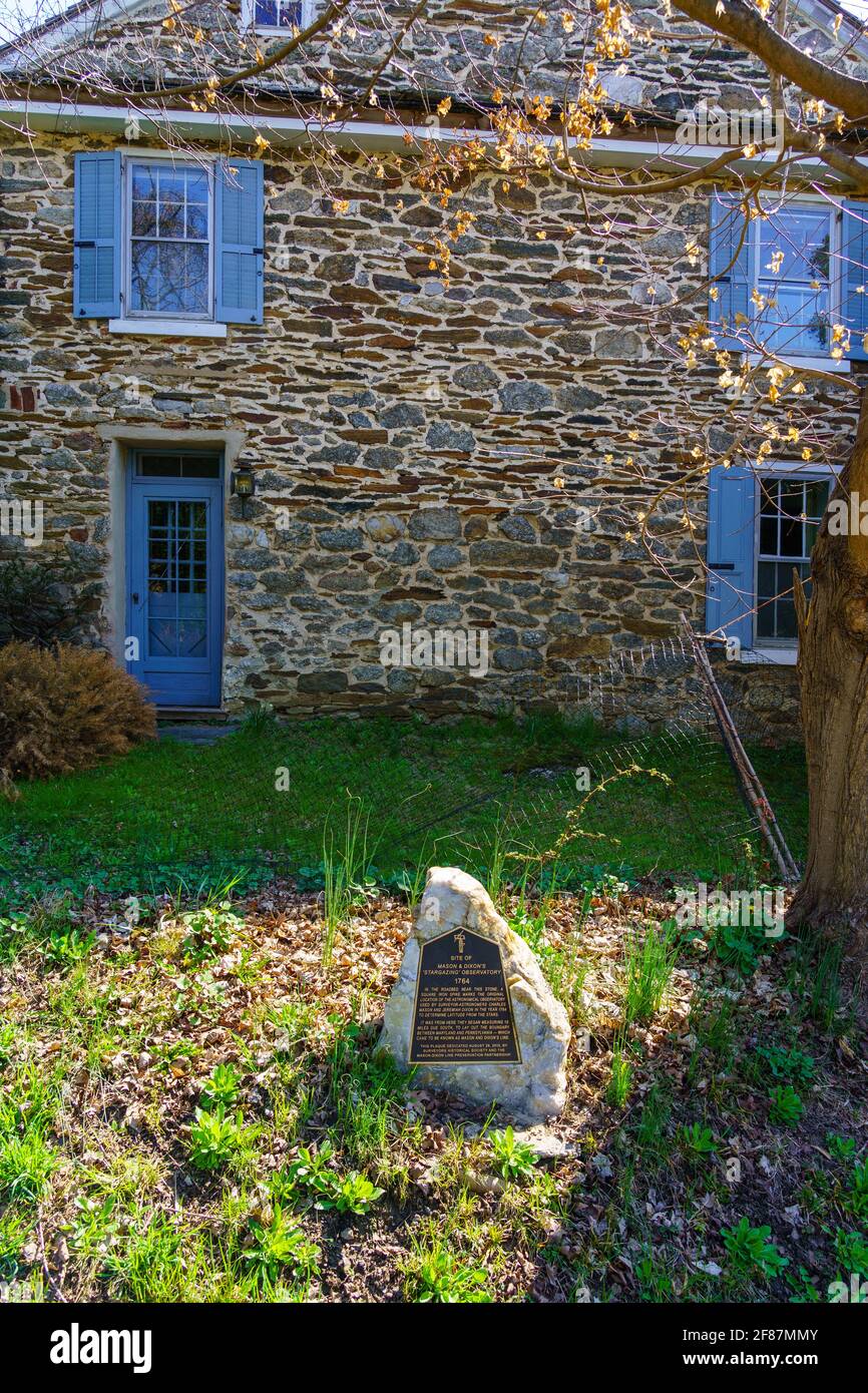 Embreeville, PA, USA - April 6, 2021: A marker at the Harlan house where the Star Gazers' Stone used to establish the Mason-Dixon Line at the west bra Stock Photo