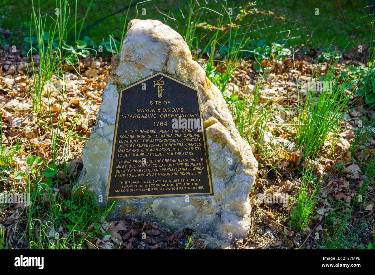 Embreeville, PA, USA - April 6, 2021: A marker at the Harlan house where the Star Gazers' Stone used to establish the Mason-Dixon Line at the west bra Stock Photo
