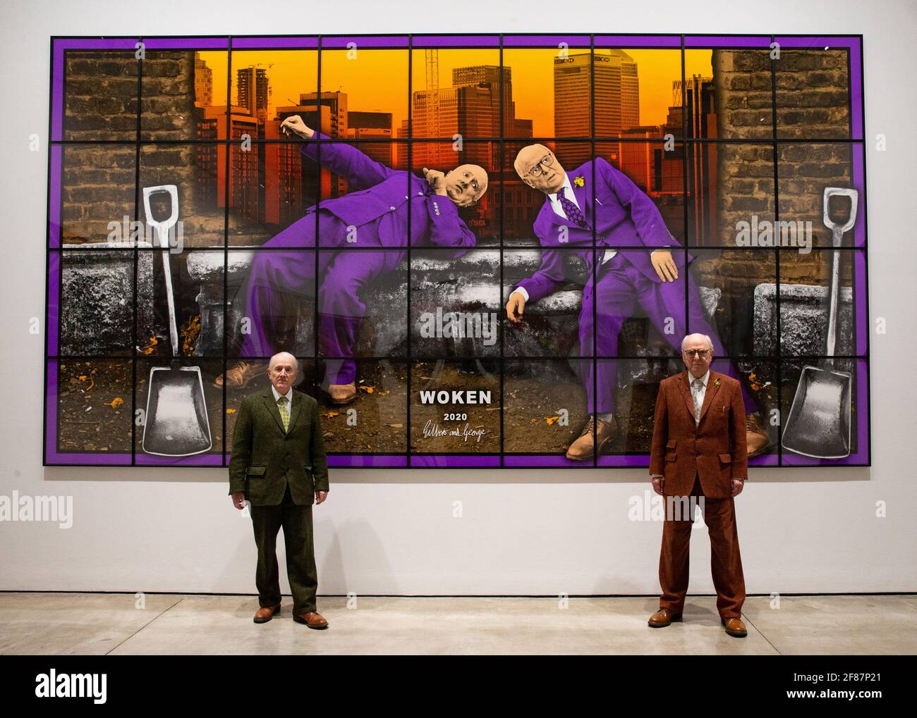 London, UK. 12th Apr, 2021. ‘NEW NORMAL PICTURES', a solo exhibition by Gilbert & George bringing together 26 new pictures described by the artists as ‘celebratory, crazed and super-modern'. Continuing their ‘Pilgrim's Progress' through east London, the artists capture the mood of the moment and appear as zonked figures amongst disorientating cityscapes. Credit: Mark Thomas/Alamy Live News Stock Photo