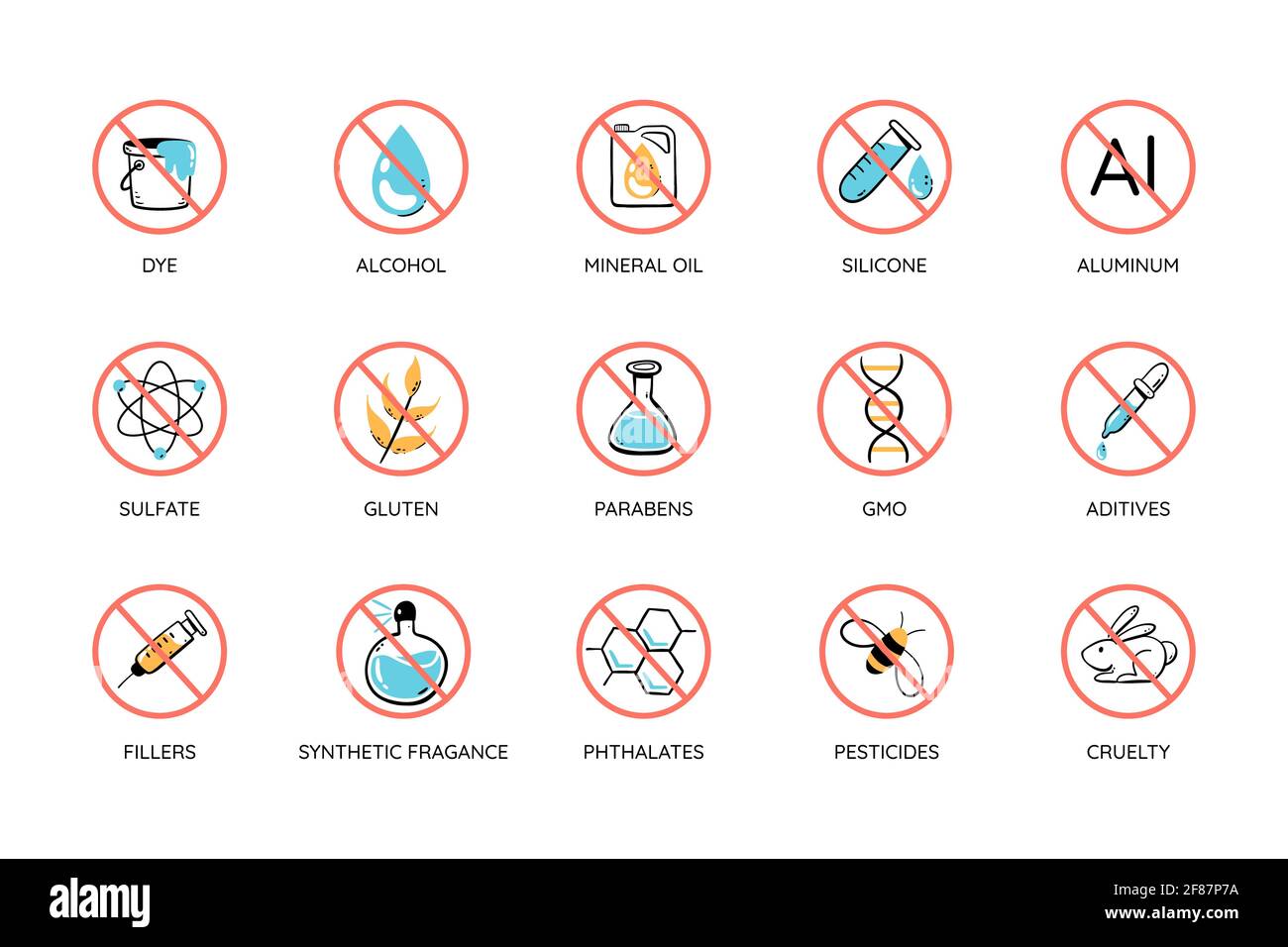 Colorful toxic free icon set. Cruelty free, free toxic: alcohol, mineral oil, silicone, aluminum, sulfates, parabens... Perfect for natural cosmetic p Stock Vector